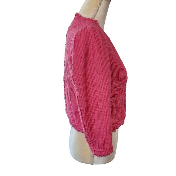ZARA Basic Barbie Core Pink Ribbed Frayed Hems Shacket Blazer Size Medium - Picture 3 of 5